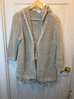 J. Jill Boho Coastal Beachy Open-Knit Hooded Fringe Cardigan in Taupe